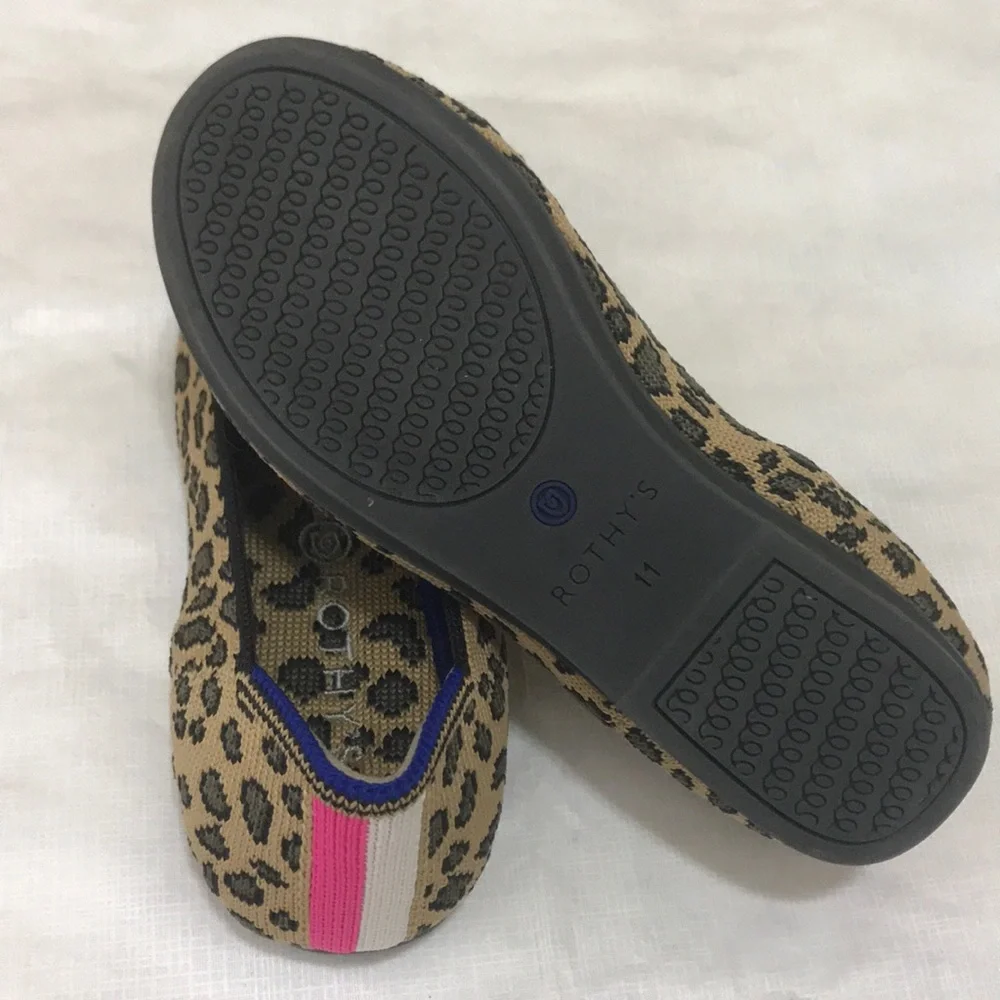 Rothy's Kids Leopard Print loafers with Pink & Blue Accents